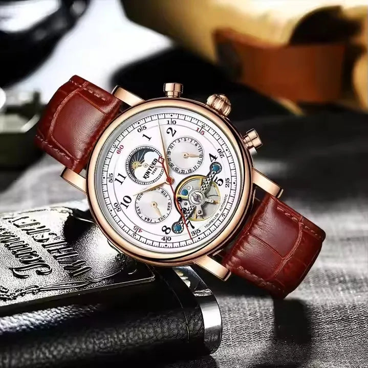 KINYUED J082 Hot Sale Automatic Mechanical Movement Wristwatch Waterproof Leather Strap Men's Watches for Men Montre Homme Reloj