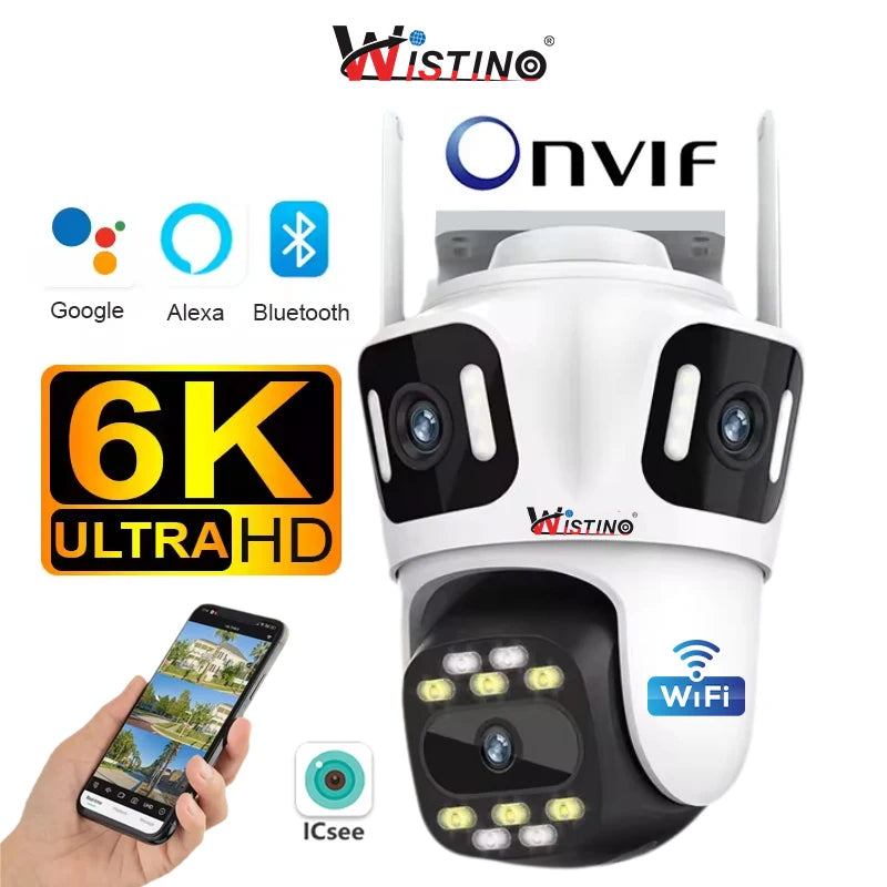 Wistino 6K HD Icsee Wifi Camera Outdoor Three Lens Waterproof Color Night Vision Dual CPU Cctv Camera Home Security