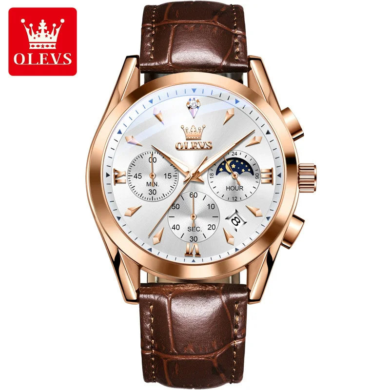 OLEVS New TOP Luxury 3609 Band Wristwatch Men Leather Strap Watch Men Auto Date Chronograph Moon Phase Waterproof Men's Watches