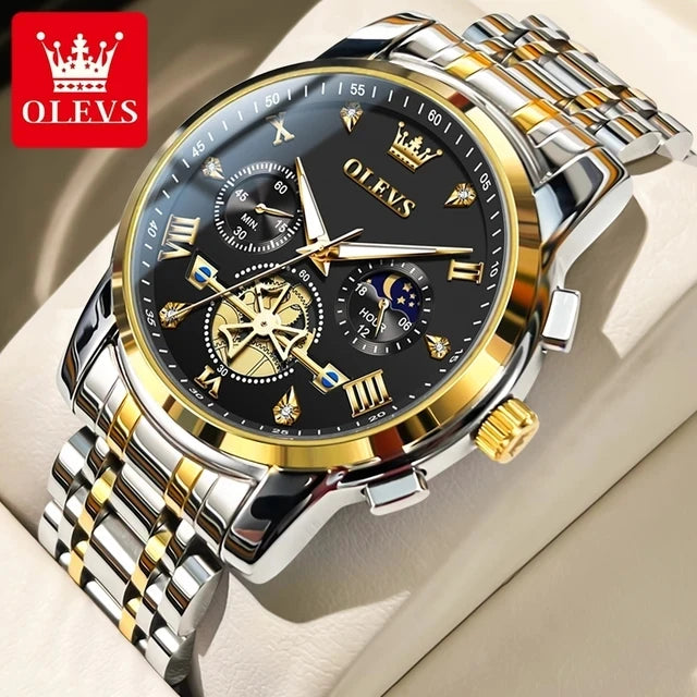 OLEVS Luxury Men's Watches Classic Roman Scale Flywheel Moon Phase Waterproof Quartz Watch for Men Classic 2856 Chronograph