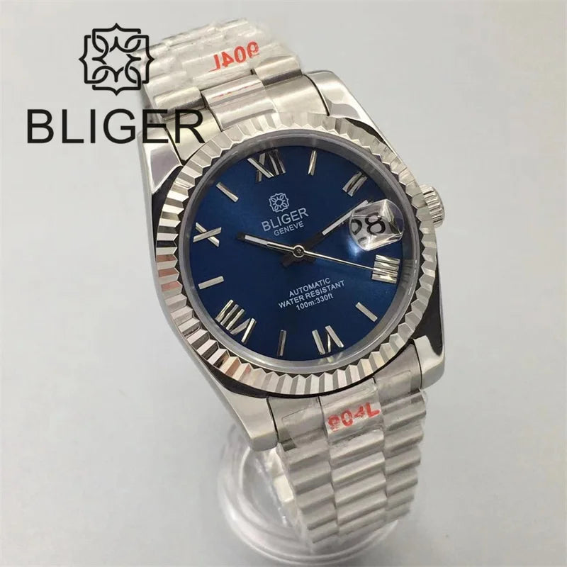 Stylish BLIGER Men's Watches with NH35 Movement 36mm/39mm President Bracelet Fluted Frame ScratchResistant Sapphire Glass