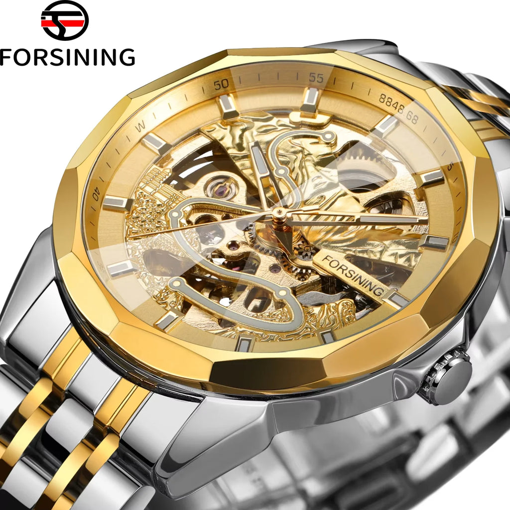 FORSINING Gold Mechanical Watches Waterproof Skeleton Automatic Movement Watch for Men Luxury Stainless Steel Men's Watches