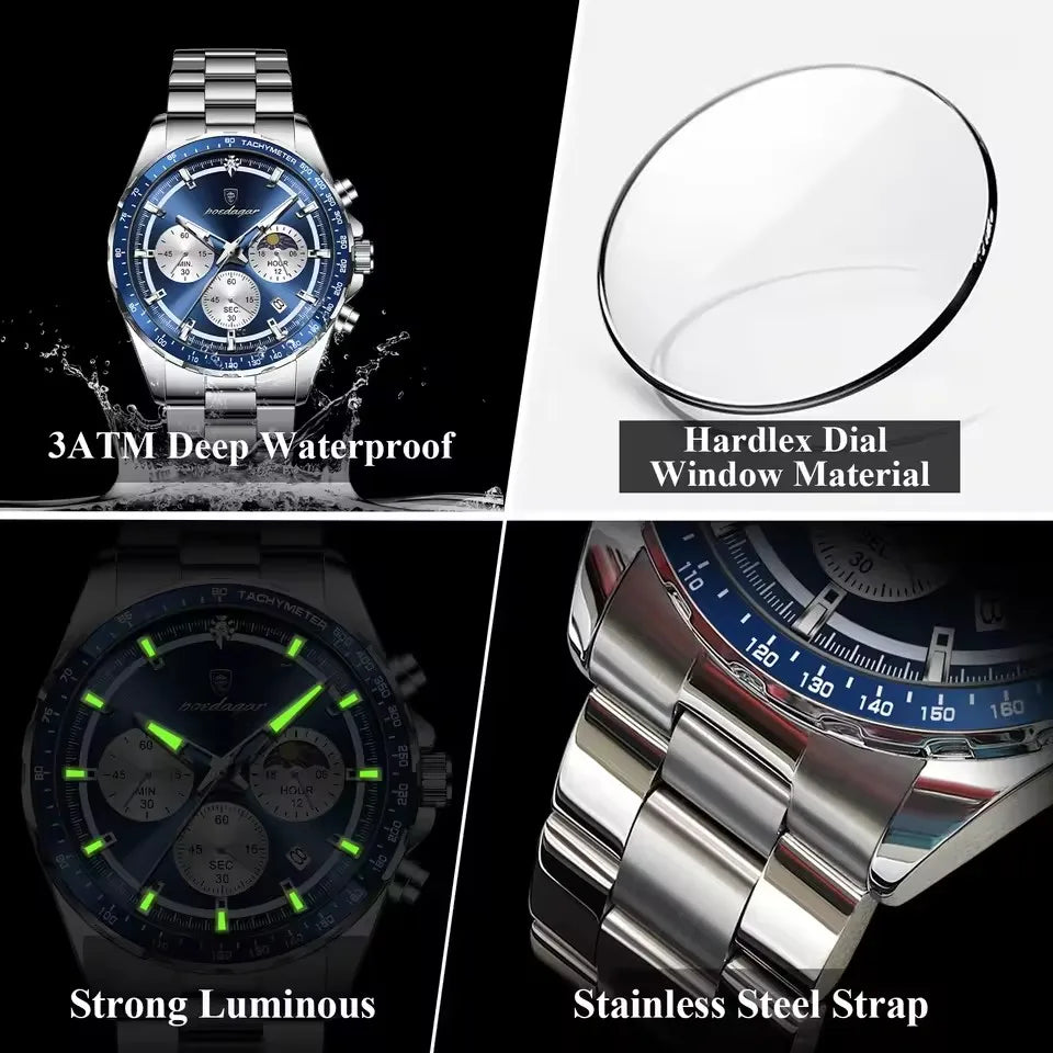 POEDAGAR 879 Stainless Steel Original Men Clock Sports Watch Waterproof Luminous Chronograph Date Man Quartz Men's Watches Reloj