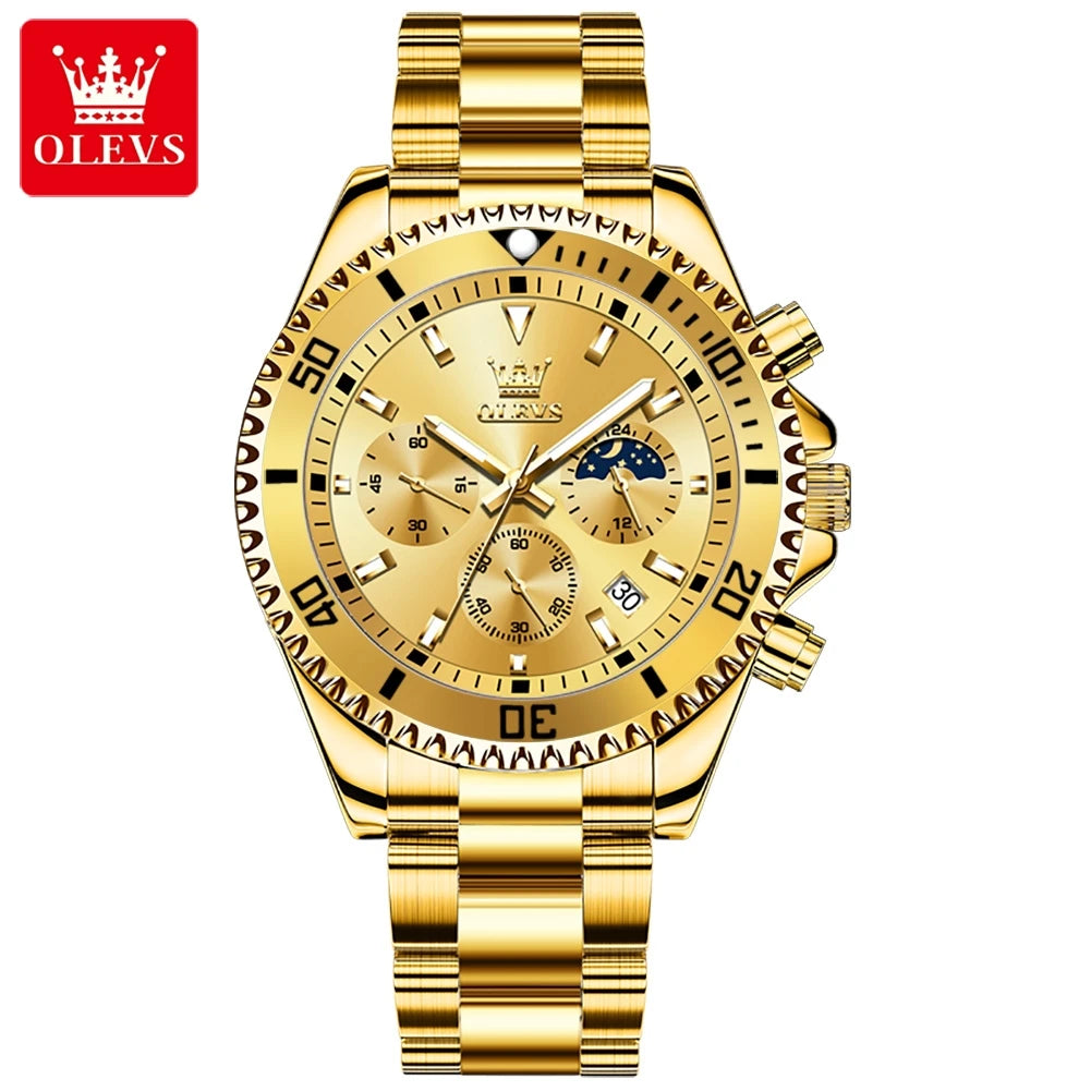 OLEVS 2870 Men's Watches Luxury Watch for Men Original Waterproof Stainless Steel Wristwatch Moon Phase Date Rota Dial