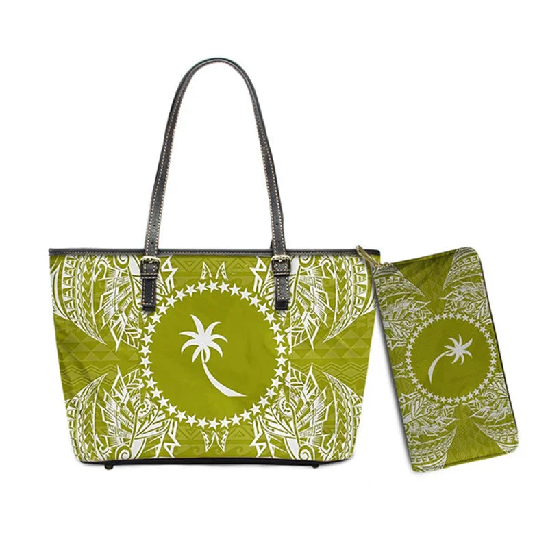 Hawaiian Flower Polynesian Design Print Women Handbags and Purses Set Customized Large Leather Tote Matching Long Zipper Wallet