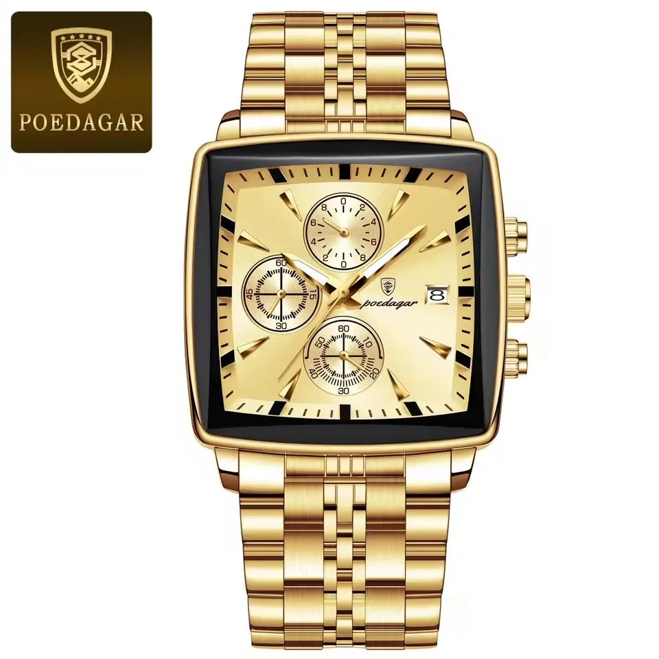 POEDAGAR 866 Fashion Square Sport Man Wristwatch Waterproof Luminous Chronograph Quartz Men's Watches Stainless Steel Men Watch