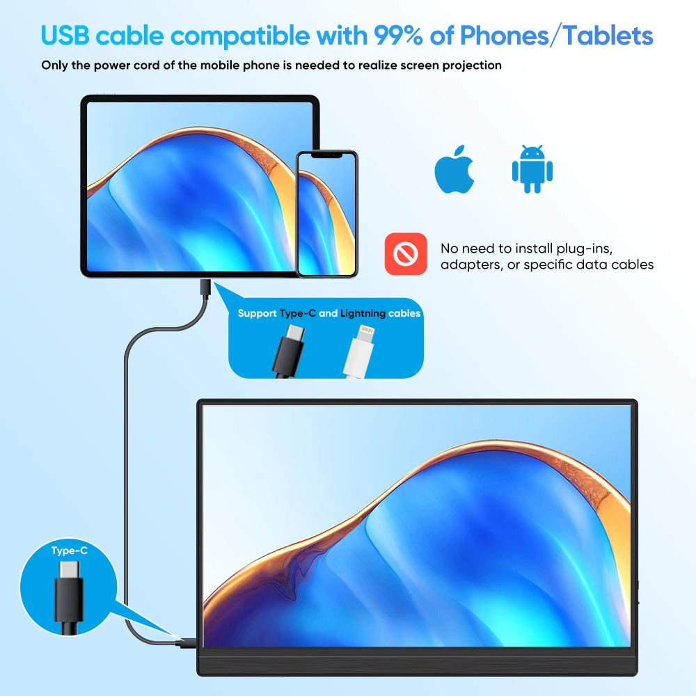 OEM 15.6-Inch Wireless WiFi Miracast IPS Portable Gaming Monitor 1080P UHD LCD Full Screen Type-C USB Adjustable Folding Stand