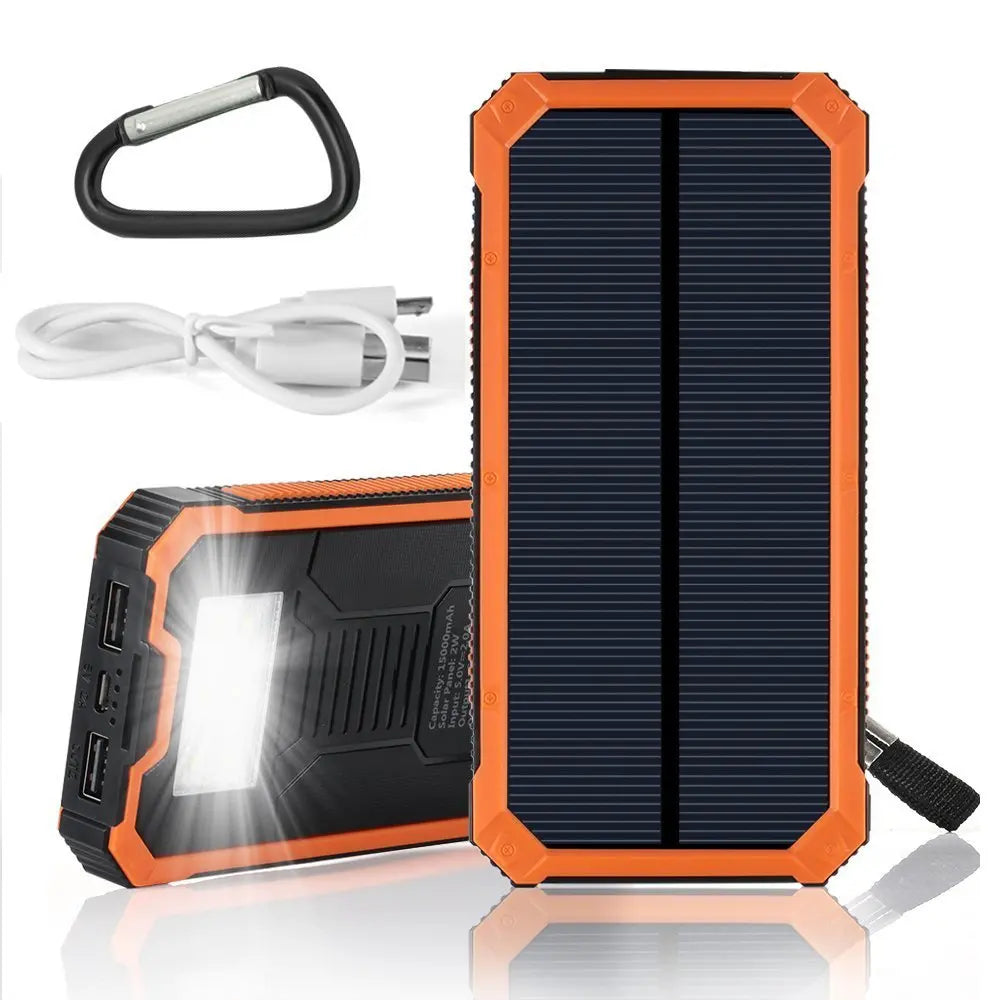 15000mAh Waterproof Solar Power Bank Dual USB Ports Camping Phone Charger External Backup Battery Pack Holder for Cell Phones