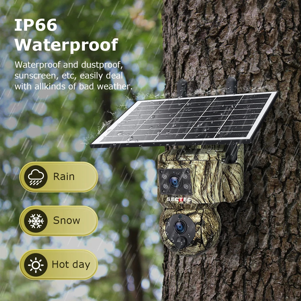 SECTEC 4G Camouflage 3K 6MP Dual Lens Dual View Solar Camera Solar Battery PTZ Camera GPS TravkingTrail Hunting Solar Camera