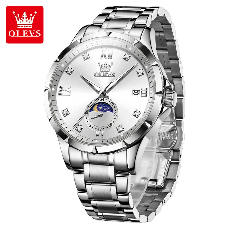 OLEVS 2956 Moon-Phase Wristwatch New Luxury Men's Watches Business Quartz Men Date Fashion Waterproof Stainless Steel Belt Watch