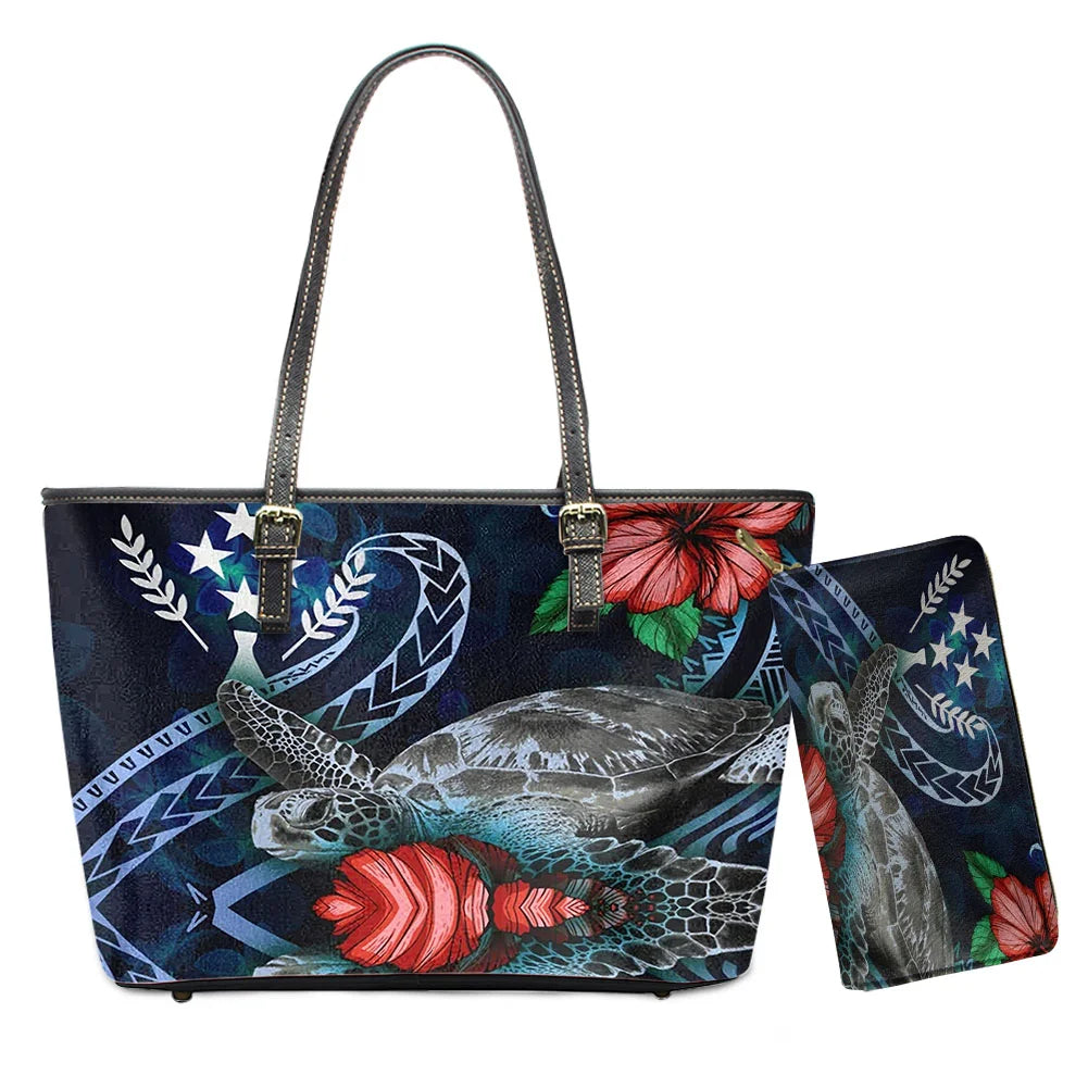 Hawaiian Flower Polynesian Design Print Women Handbags and Purses Set Customized Large Leather Tote Matching Long Zipper Wallet