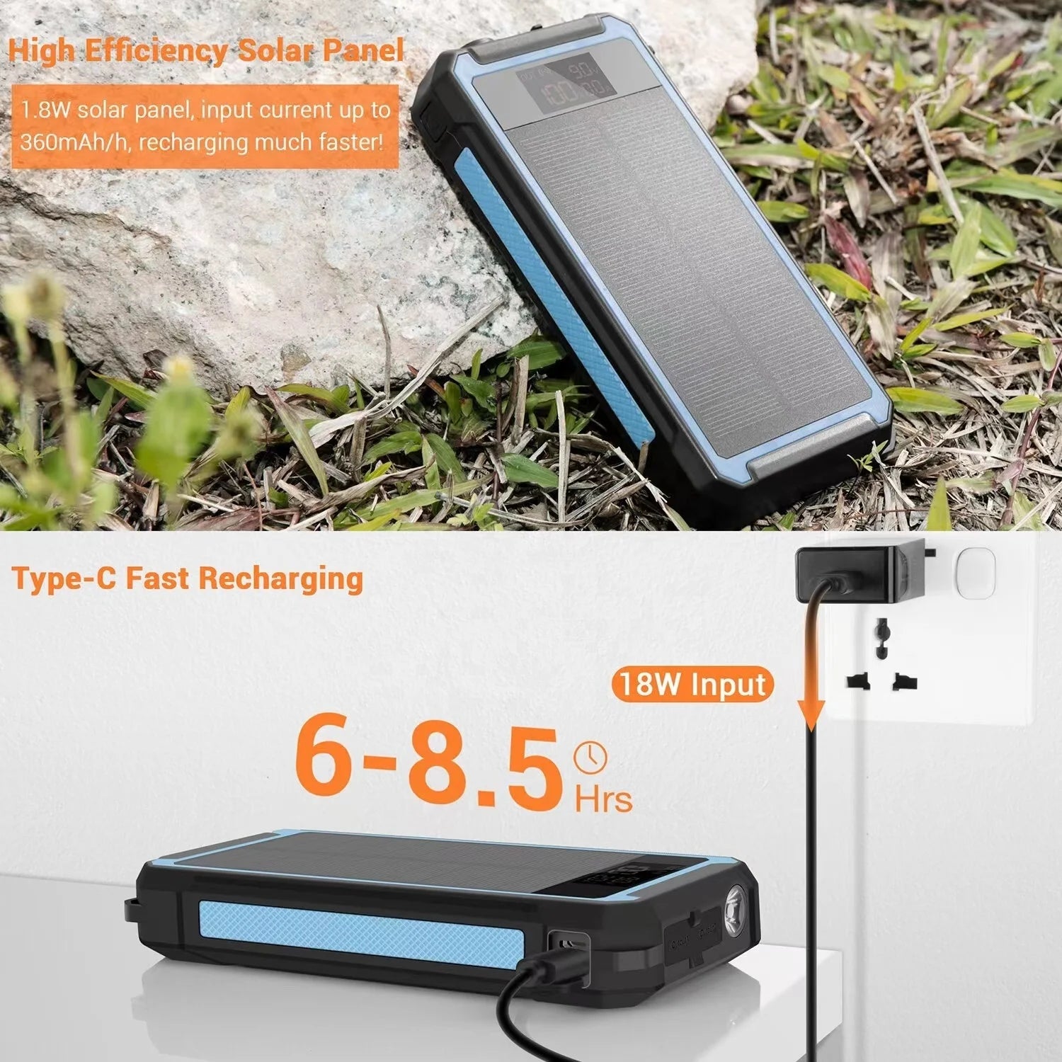 2025 Best Selling Fast Charging Waterproof Solar Power Bank 30000mAh 10W Wireless Charge Battery Watt  LED DisplayFlashlights