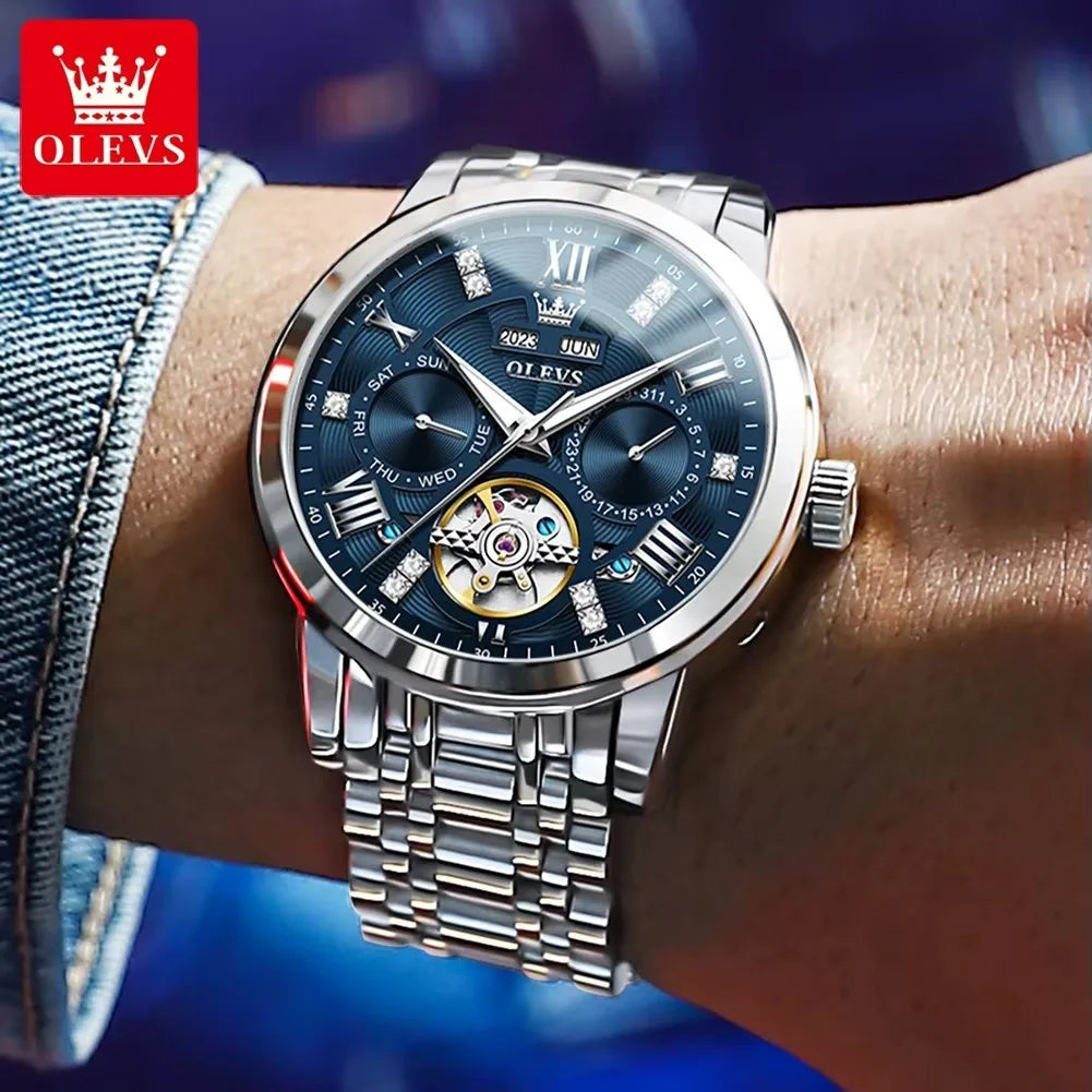 OLEVS 6701 Tourbillon Mechanical Skeleton Hollow Out Men's Watches Automatic Stainless Steel Strap Original Wristwatch for Men