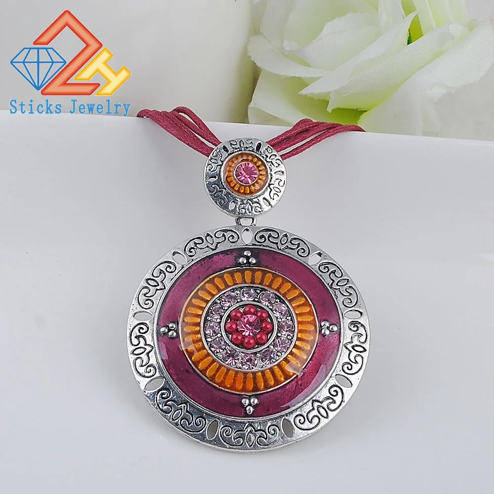 Fashion Bohemia Style Trendy Necklace Pendant Vintage Round Zinc Alloy Enamel Rhinestone Bead Statement