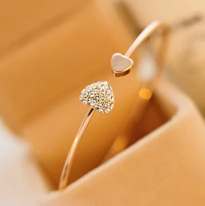 Hot New Fashion Adjustable Crystal Double Heart Bow Bilezik Cuff Opening Bracelet Women Jewelry Gift Girl Mujer Pulseras