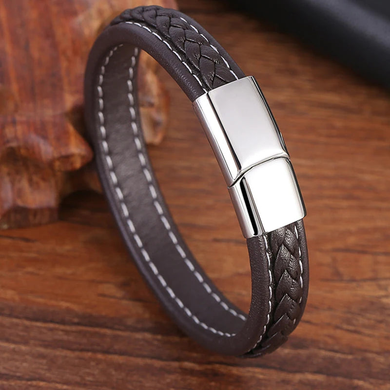 New Fashion Genuine Leather Braid Charm Bracelet Magnetic Buckle Clasps Vintage Women Men Bracelets & Bangles Men Jewelry