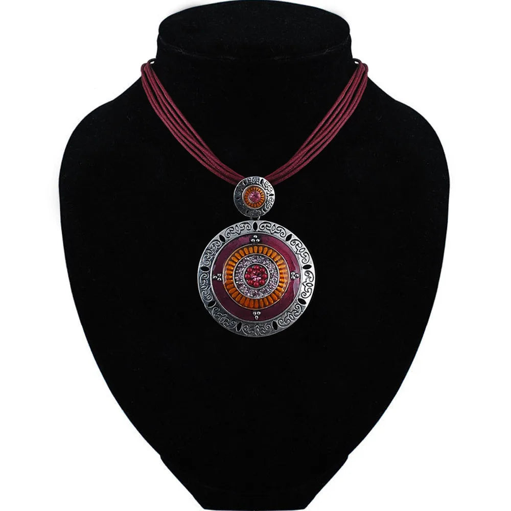 Fashion Bohemia Style Trendy Necklace Pendant Vintage Round Zinc Alloy Enamel Rhinestone Bead Statement