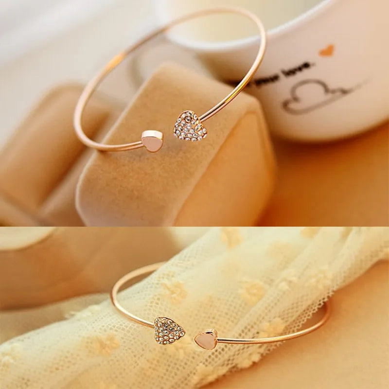 Hot New Fashion Adjustable Crystal Double Heart Bow Bilezik Cuff Opening Bracelet Women Jewelry Gift Girl Mujer Pulseras