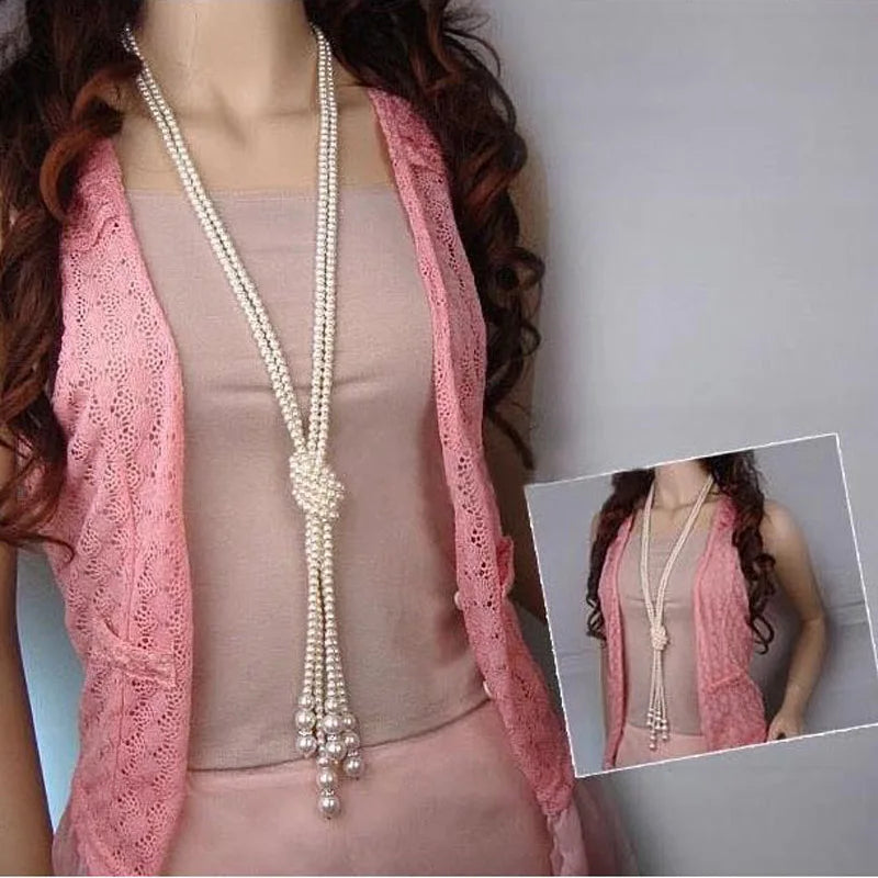 New Fashion Long Beads Chain Pearl Necklace For Women's On The Neck Statement Collier Female Jewelry Gift