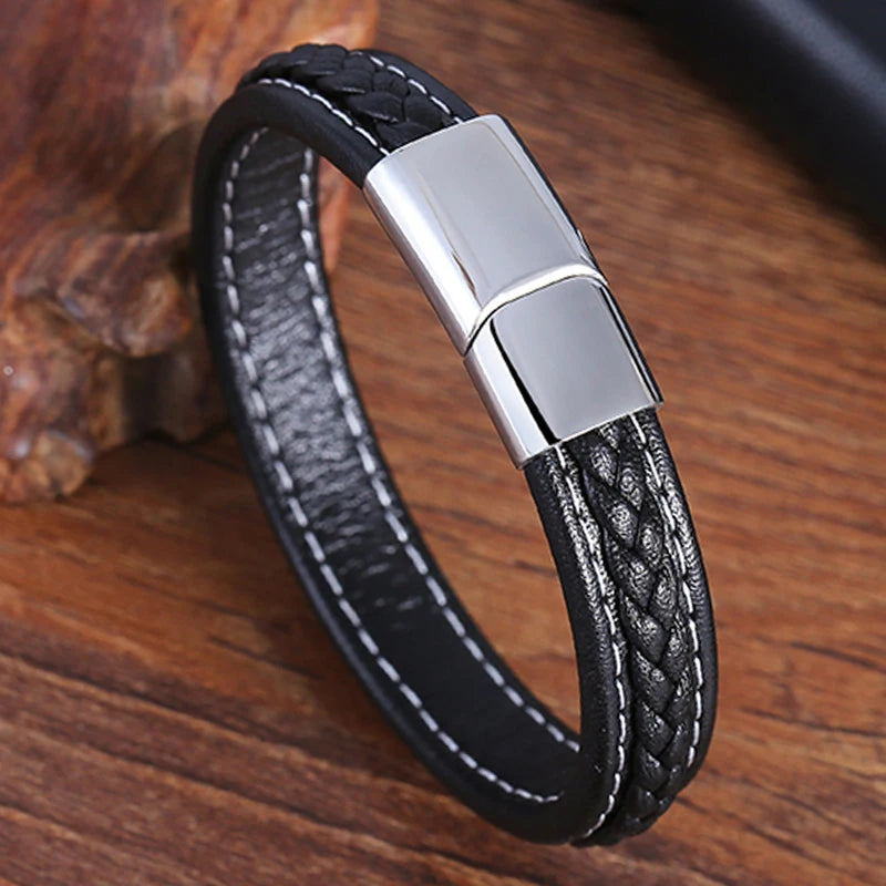 New Fashion Genuine Leather Braid Charm Bracelet Magnetic Buckle Clasps Vintage Women Men Bracelets & Bangles Men Jewelry