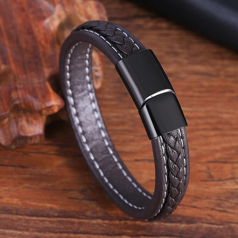 New Fashion Genuine Leather Braid Charm Bracelet Magnetic Buckle Clasps Vintage Women Men Bracelets & Bangles Men Jewelry