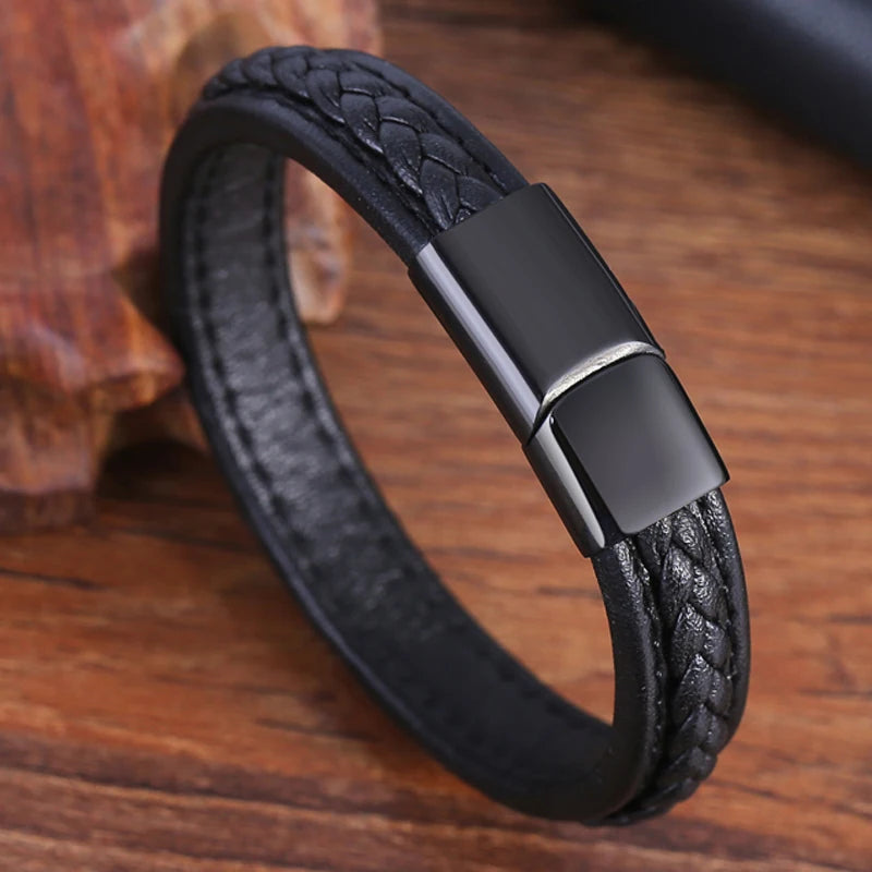 New Fashion Genuine Leather Braid Charm Bracelet Magnetic Buckle Clasps Vintage Women Men Bracelets & Bangles Men Jewelry