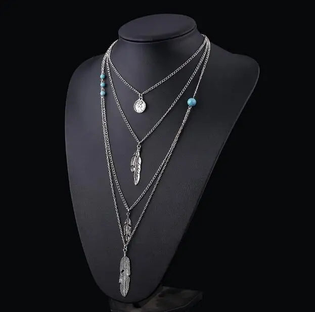 New Brand Fashion Boho  Multilayer Feathers Bijoux Charm Necklaces Beads Maxi Necklace Jewelry N60