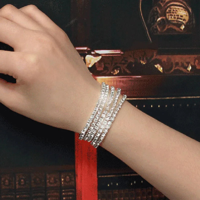 TREAZY 1-8 Rows Rhinestone Crystal Bracelet Bangle Elastic Bling Wristband Wedding Bridal Bridesmaid Bracelet Jewelry Gifts