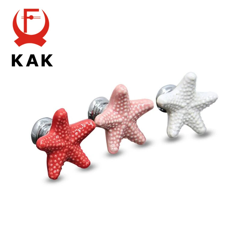 KAK Starfish Ceramic Drawer Knobs Cabinet Pulls Kitchen Handles Cartoon Furniture Handle for Kids Room Furniture Hardware