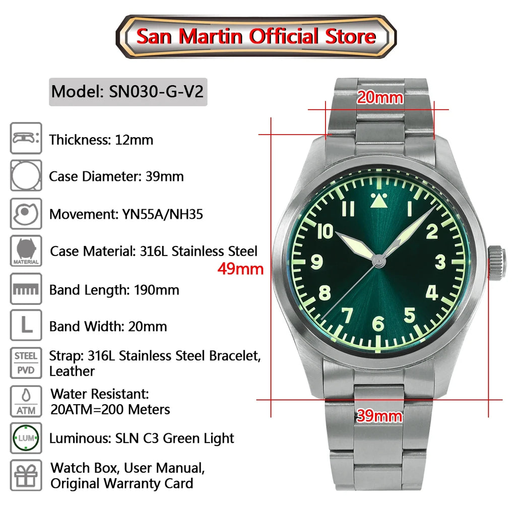 San Martin SN031-G2 Men's Watches Pilot YN55 Simple Sunray Dial Automatic Mechanical Wristwatch Waterproof 200m Luminous Relojes