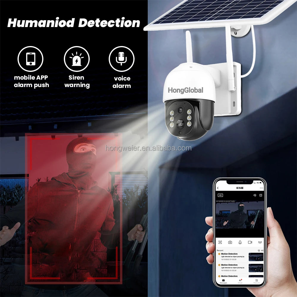 HongGlobal 4MP 360 Degree Outdoor Solar Powered Waterproof Wireless Surveillance WiFi PTZ Camera Solar CCTV Home Security Camera