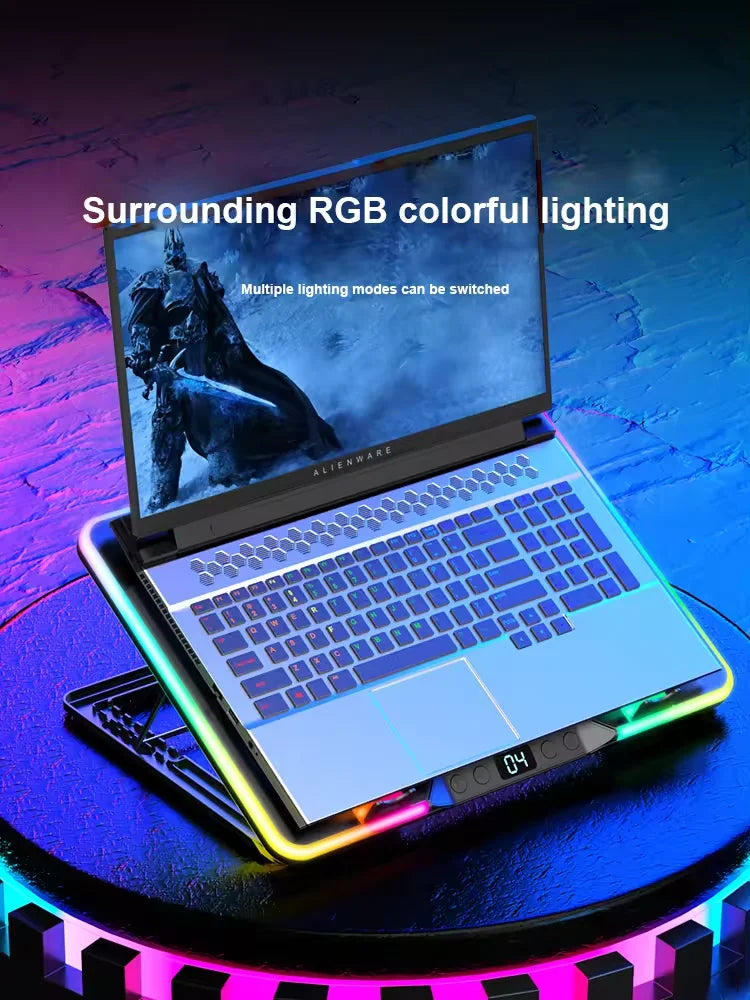 2026 New Hot Seller Metal RGB Light Gaming Effect Air-Cooled Five Fans Folding Laptop Cooler Stand High Performance 17'' Stock
