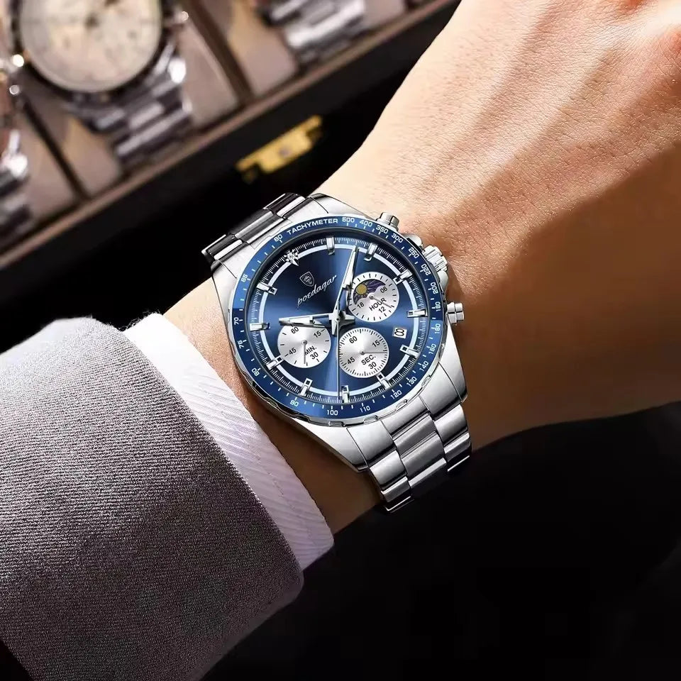 POEDAGAR 879 Stainless Steel Original Men Clock Sports Watch Waterproof Luminous Chronograph Date Man Quartz Men's Watches Reloj