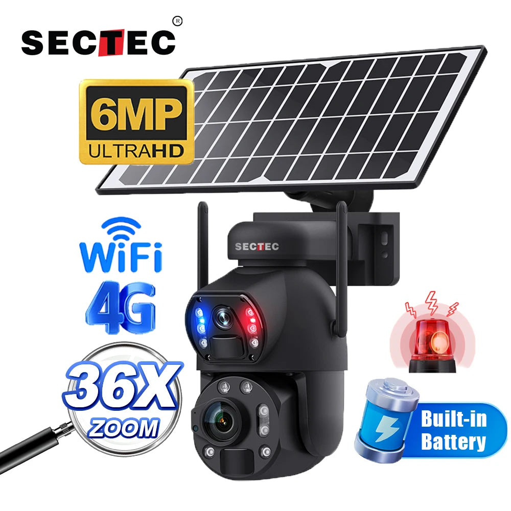 SECTEC Home Outdoor Security IP66 Waterproof Battery 36X Zoom 4G Camera Wifi Metal Dual Lens Laser Infrared Solar Outdoor Camera