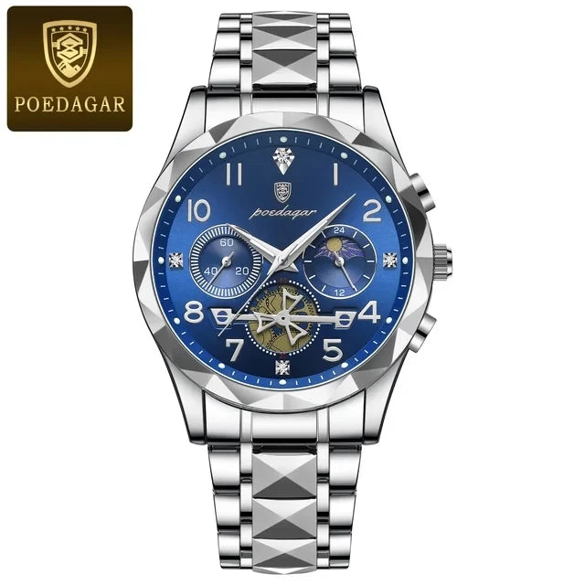 POEDAGAR Watch for Men 972 Luxury Steel Band Man Quartz Wrist Watch Waterproof Luminous Chronograph Men's Watches Reloj Clock