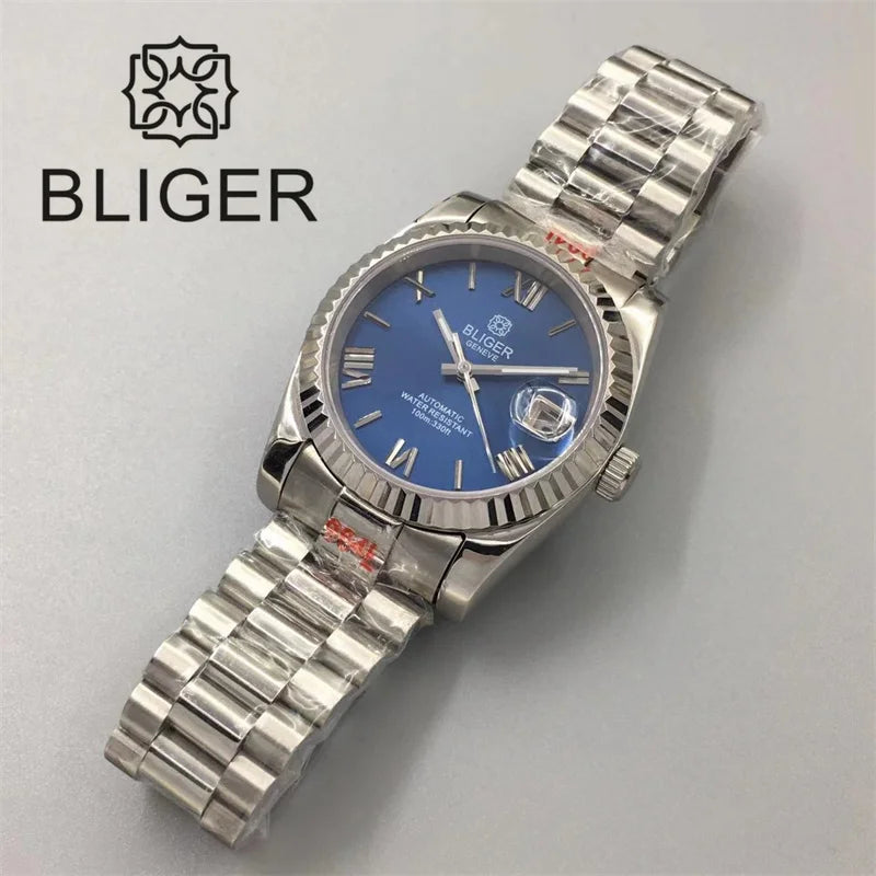 Stylish BLIGER Men's Watches with NH35 Movement 36mm/39mm President Bracelet Fluted Frame ScratchResistant Sapphire Glass