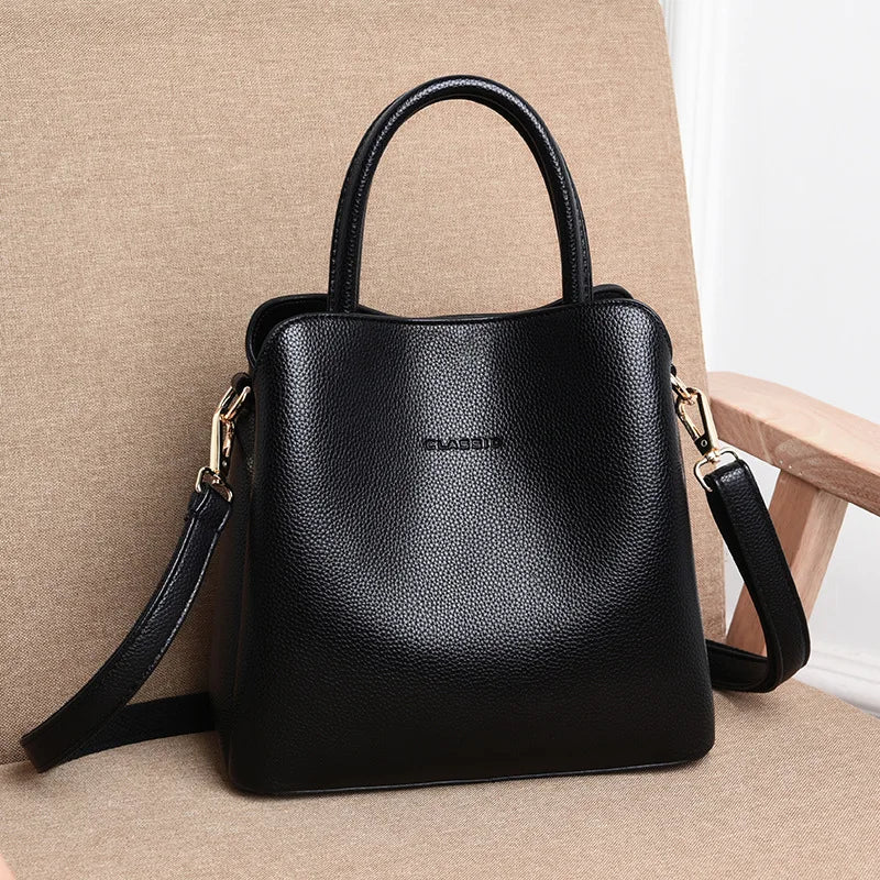 Women's Stylish Casual Tote Bag PU Leather Zipper Closure Three-layer Pockets Crossbody Shoulder Strap 2024