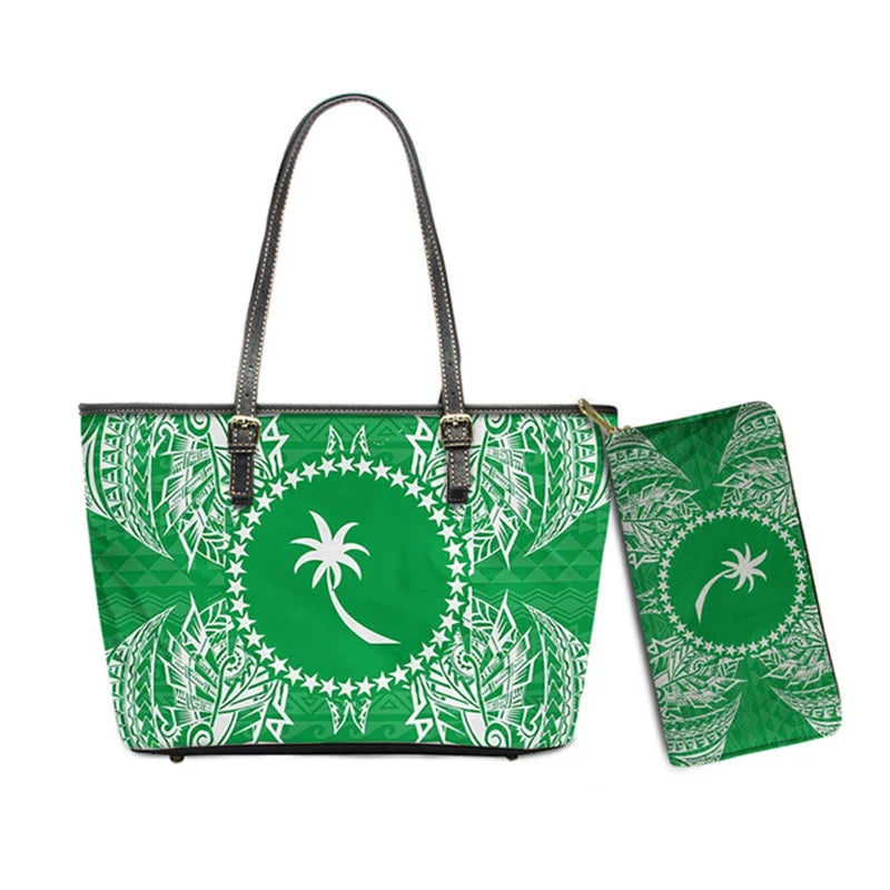 Hawaiian Flower Polynesian Design Print Women Handbags and Purses Set Customized Large Leather Tote Matching Long Zipper Wallet