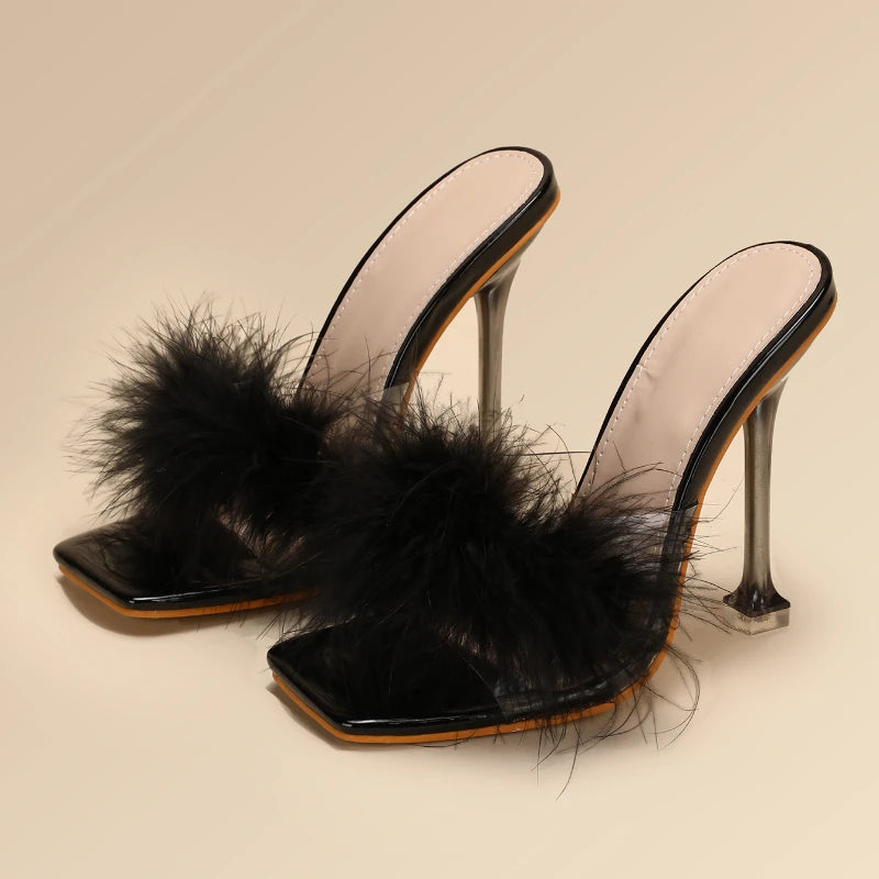 Feather Fur New Fashion Summer Spring Cute  Mules Lady  Sandals Slippers Elegant 2025 Heels for Women