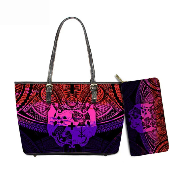 Hawaiian Flower Polynesian Design Print Women Handbags and Purses Set Customized Large Leather Tote Matching Long Zipper Wallet