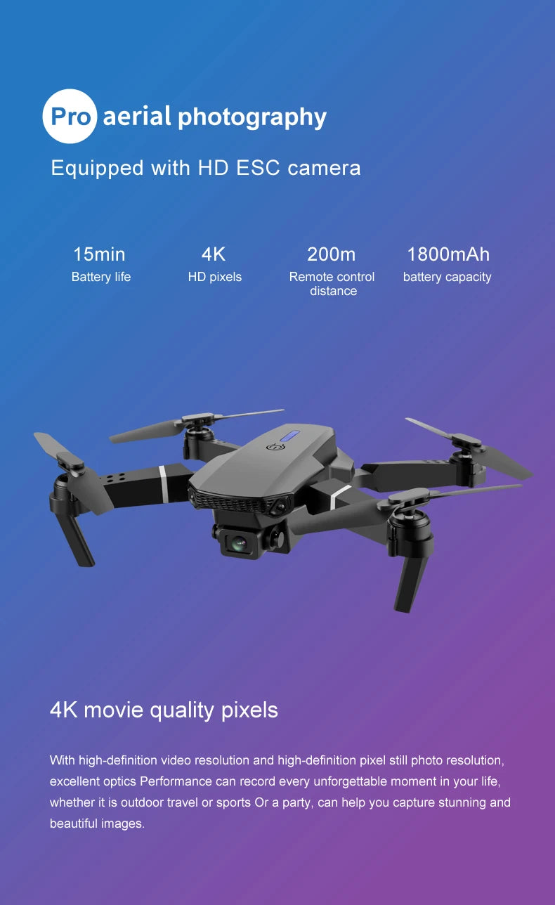 2025 E88 4k UHD Mini Flying Camera  WiFi GPS  Real-time Transmission FPV  Follow Me Rc Remote Controller Quadcopter  Kids Drone