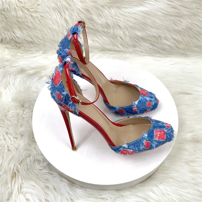2025 Customized Denim Sandals for Women Red Bottom Stilettos 10CM 12CM New High Thin Heels Pointed Toe Style Autumn Waterproof