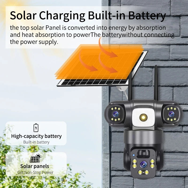 Rscamcom V380pro 6MP 4g Sim Card Three Lens Solar Wireless Cameras Outdoor Cctv Ptz Surveillance Security Camera Solar
