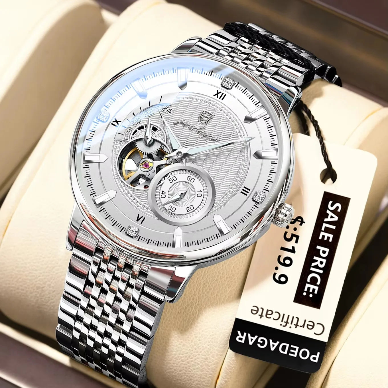 POEDAGAR 1416 New Luxury Man Watch Tourbillon Stainless Steel Men Waterproof Automatic Mechanical Hollow Out Men's Watches