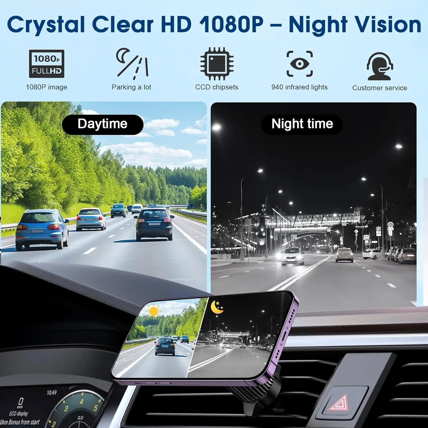 Wireless Backup Camera Solar WiFi Magnetic HD 1080P Night Vision Rear View Camera Connect Phone