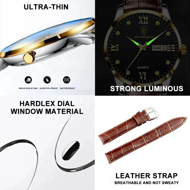 POEDAGAR Men's Watches 856 Top Luxury Men Wrist Watch Leather Quartz Watch Sports Waterproof Man Clock Relogio Masculino