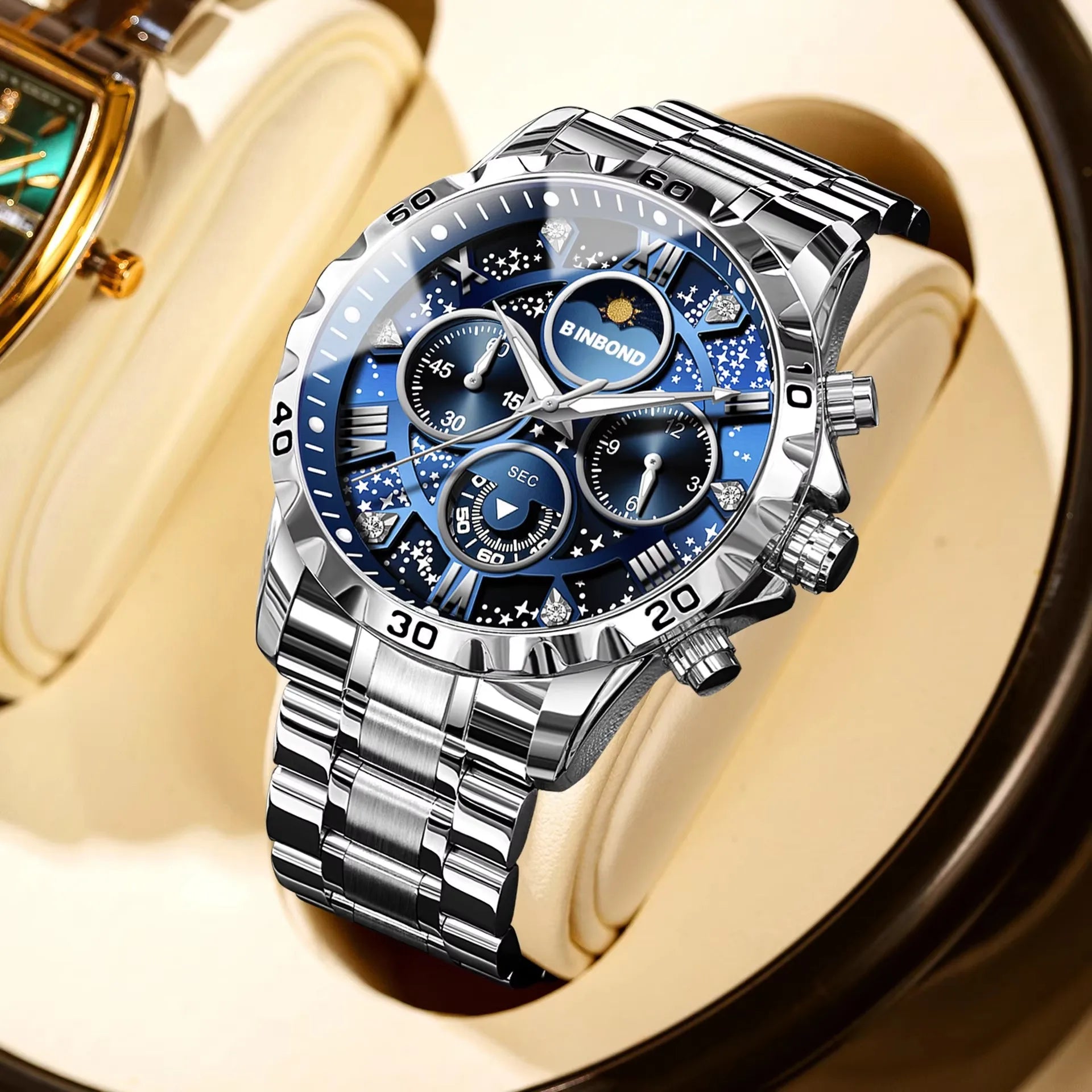 Binbond B7741 7741 Original Men Clock Sports Waterproof Luminous Chronograph Date Stainless Steel Quartz Men's Watches Reloj