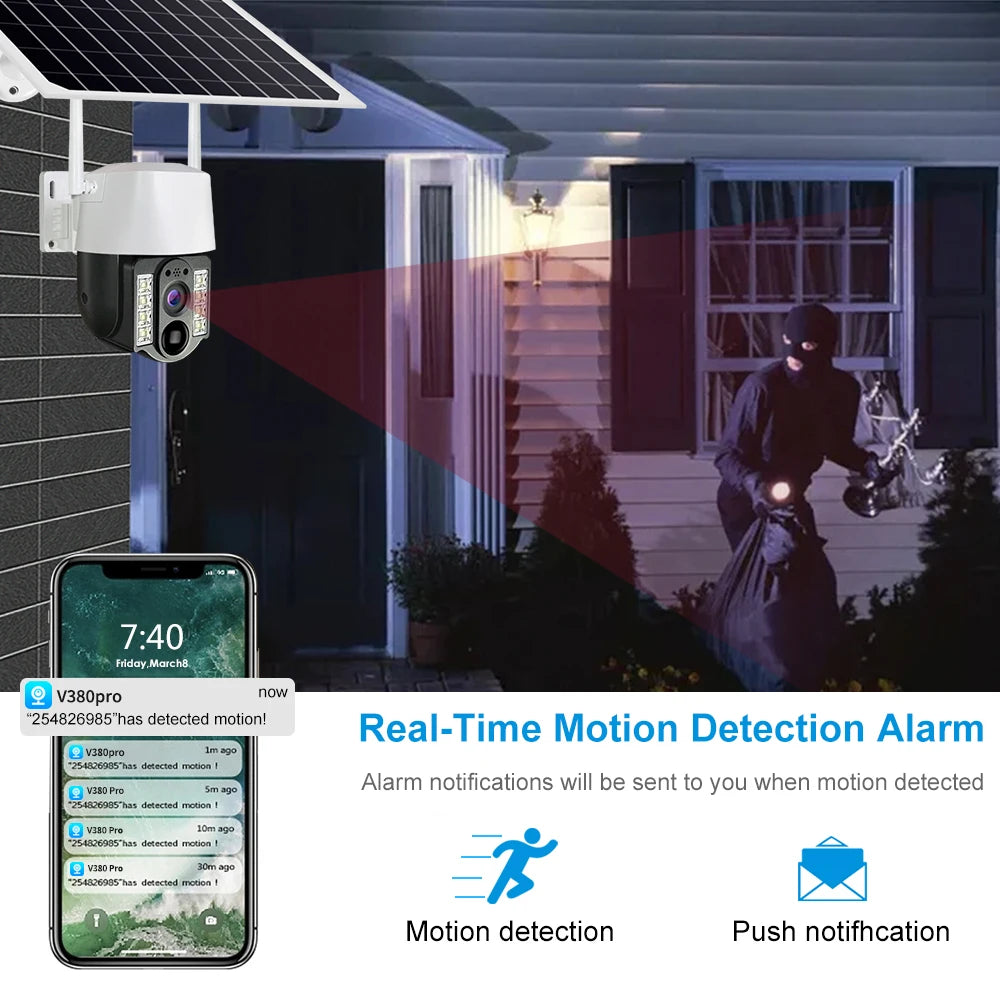 V380pro 3MP CMOS PTZ Dome Camera Solar 4G IP67 Waterproof Night Vision Auto Tracking PIR Alarm Two-Way Audio 8W Solar Panel