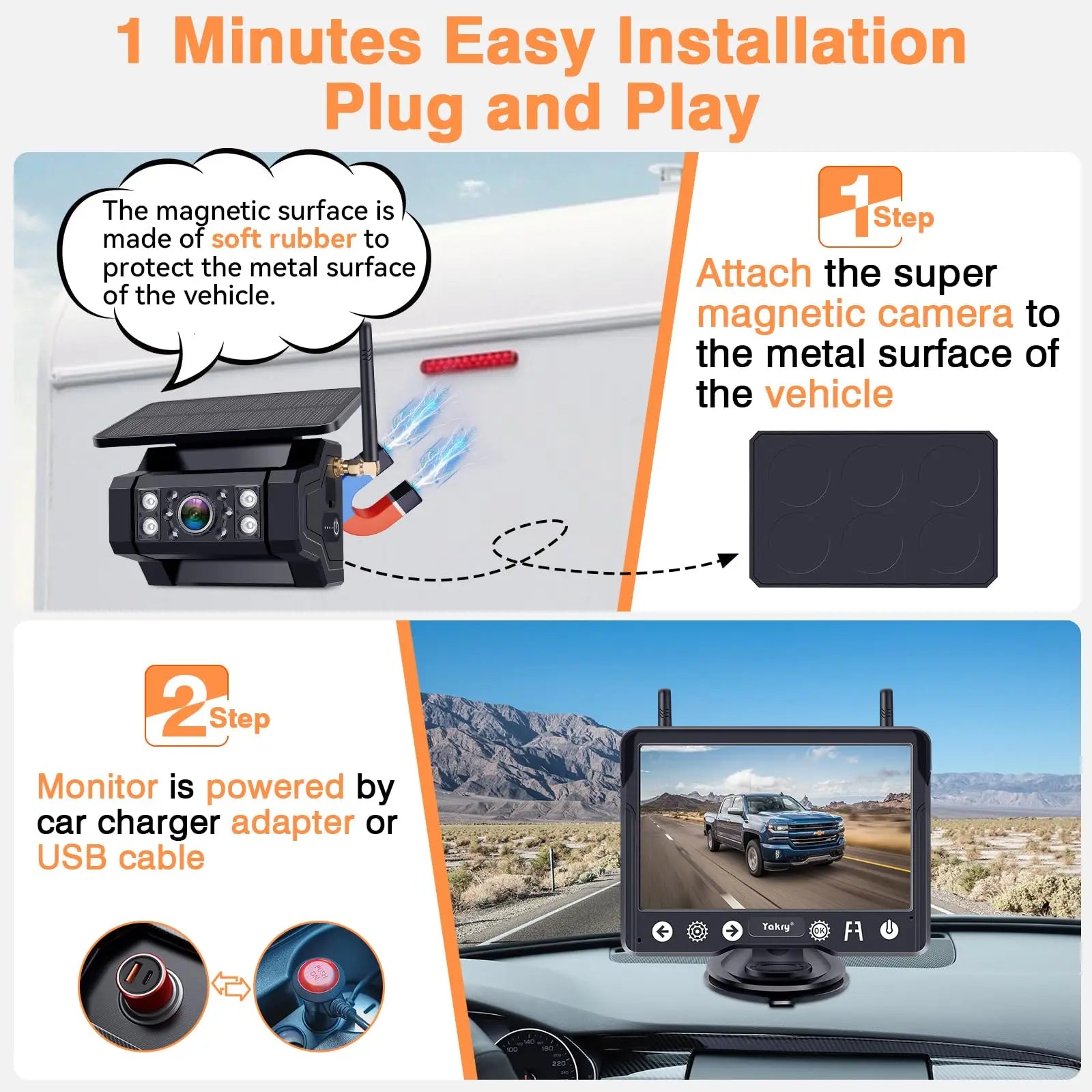 1080P Wireless Backup Camera: Solar-Powered 5" Monitor, 1-Min Install for Cars/Trailers