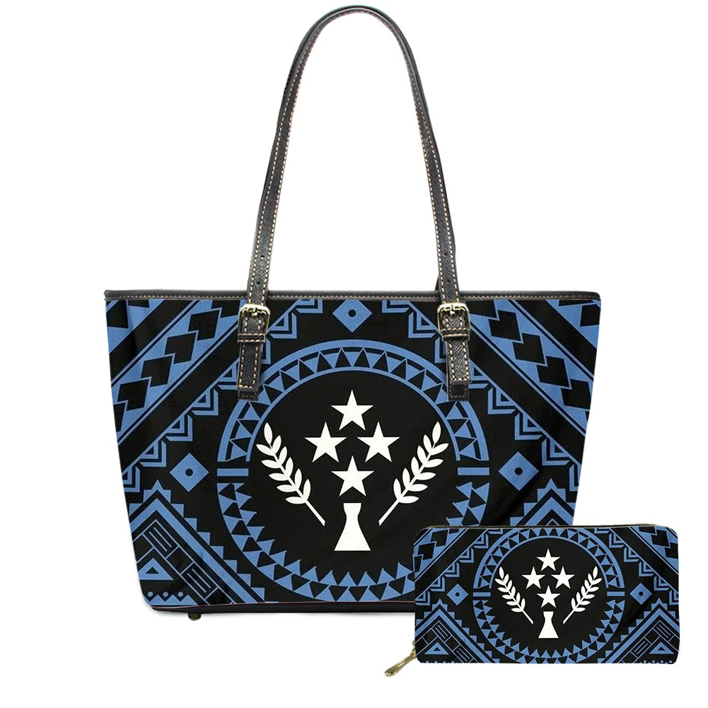 Hawaiian Flower Polynesian Design Print Women Handbags and Purses Set Customized Large Leather Tote Matching Long Zipper Wallet